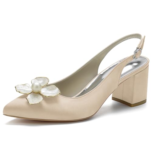 Damen Blockabsatz Hochzeitsschuhe Satin Slingback Knöchelriemen Pumps Spitze Zehen Party Brautschuhe,Champagne,37 EU von LRMYMHY