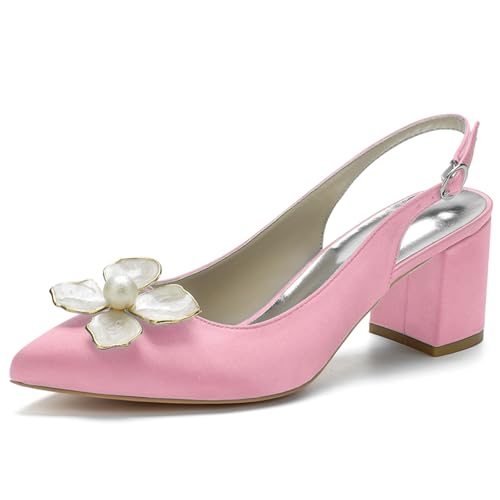 Damen Blockabsatz Hochzeitsschuhe Satin Slingback Knöchelriemen Pumps Spitze Zehen Party Brautschuhe,Rosa,37 EU von LRMYMHY