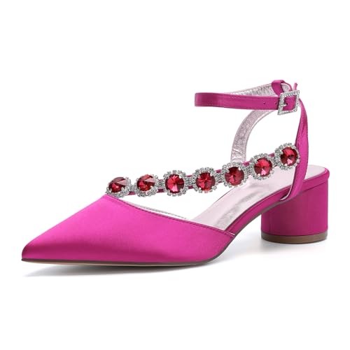 Damen Blockabsatz Hochzeitsschuhe Spitze Zehen Satin Strass Knöchelriemen Party Brautschuhe Slingback Pumps,Fuchsia,39 EU Damen Blockabsatz Hochzeitsschuhe Spitze Zehen Satin Strass Knöchelriemen Party Brautschuhe Slingback Pumps,Fuchsia,39 EU von LRMYMHY