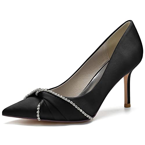 Damen Brautschuhe Closed Toe 8.5cm Stöckelabsatz Strass Satin Pumps Slip on Elfenbein Hochzeitsschuhe,Schwarz,40 EU von LRMYMHY