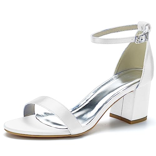 Damen Brautschuhe Offener Zehen Mid Blockabsatz Satin Knöchelriemen Hochzeitskleid Pumps Sandalen,Weiß,39 EU von LRMYMHY