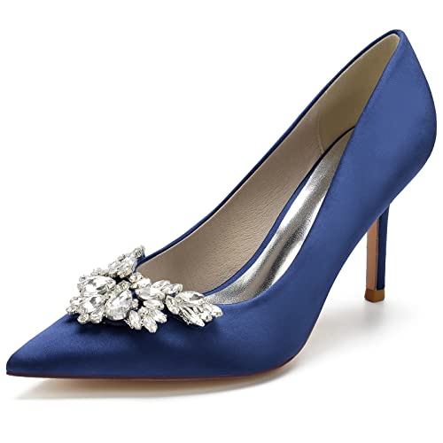 Damen Brautschuhe Stiletto High Heels Spitze Zehen Brautjungfernschuhe Satin Strass Pumps Party Hochzeitsschuhe,Dark Blue,38 EU von LRMYMHY