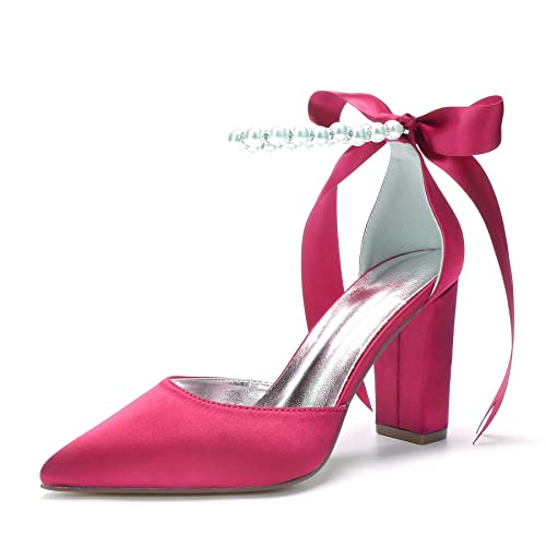 Damen Chunky Block Heel Braut Pumps mit Perlen Knöchelriemen Spitze Zehen Hochzeit Sandalen High Heel Abendparty Kleid Schuhe,Fuchsia,37 EU von LRMYMHY