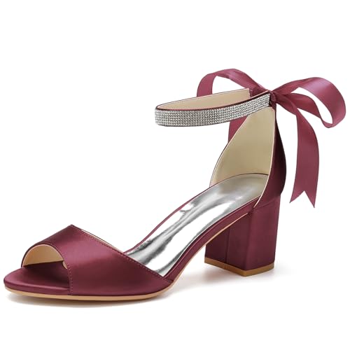 Damen Chunky Block Heel Hochzeitsschuhe für Braut Knöchelriemen Sandalen mit Absatz Offene Spitze Brautschuhe Pumps,Burgundy,39 EU von LRMYMHY