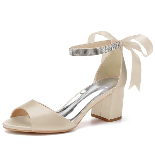 Damen Chunky Block Heel Hochzeitsschuhe für Braut Knöchelriemen Sandalen mit Absatz Offene Spitze Brautschuhe Pumps,Champagne,42 EU von LRMYMHY