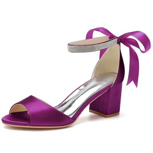 Damen Chunky Block Heel Hochzeitsschuhe für Braut Knöchelriemen Sandalen mit Absatz Offene Spitze Brautschuhe Pumps,Lila,42 EU von LRMYMHY