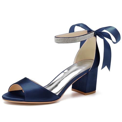 Damen Chunky Block Heel Hochzeitsschuhe für Braut Knöchelriemen Sandalen mit Absatz Offene Spitze Brautschuhe Pumps,Marine,38 EU von LRMYMHY