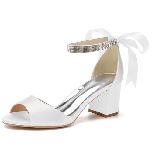 Damen Chunky Block Heel Hochzeitsschuhe für Braut Knöchelriemen Sandalen mit Absatz Offene Spitze Brautschuhe Pumps,Weiß,36 EU von LRMYMHY