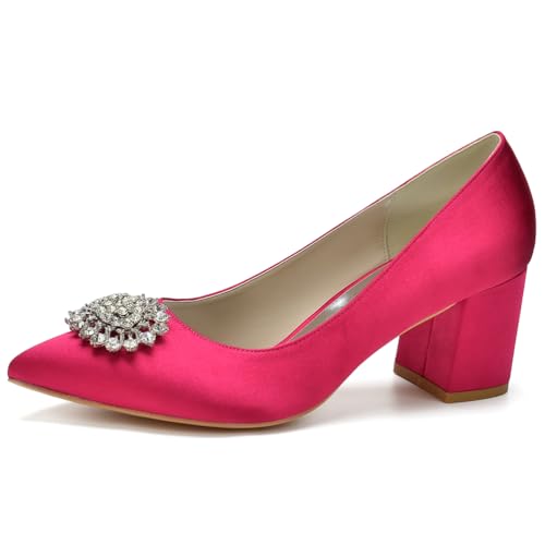 Damen Chunky Geschlossene Zehe Niedrige Blockabsätze Arbeit Pumps Runde Zehe Kleid Hochzeitsschuhe Fur Braut,Fuchsia,35 EU von LRMYMHY