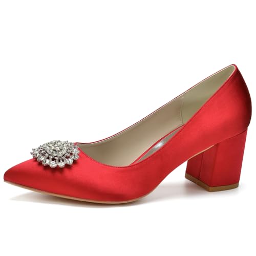 Damen Chunky Geschlossene Zehe Niedrige Blockabsätze Arbeit Pumps Runde Zehe Kleid Hochzeitsschuhe Fur Braut,Rot,37 EU von LRMYMHY