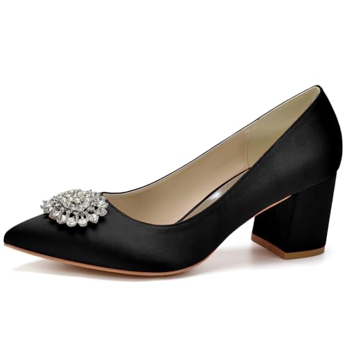 Damen Chunky Geschlossene Zehe Niedrige Blockabsätze Arbeit Pumps Runde Zehe Kleid Hochzeitsschuhe Fur Braut,Schwarz,42 EU von LRMYMHY