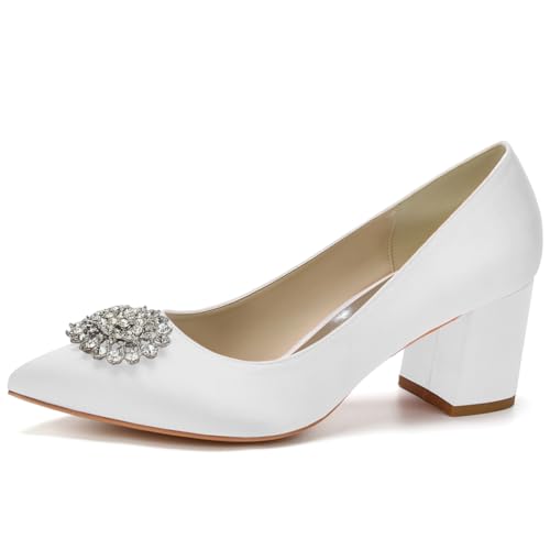 Damen Chunky Geschlossene Zehe Niedrige Blockabsätze Arbeit Pumps Runde Zehe Kleid Hochzeitsschuhe Fur Braut,Weiß,37 EU von LRMYMHY