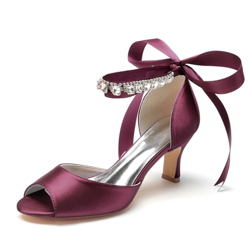 Damen Elegant Niedrig Kitten Heel Strass Brautkleid Schuhe Offene Spitze Sandalen mit Absatz Knöchelriemen Party Abend Pumps,Burgundy,41 EU von LRMYMHY