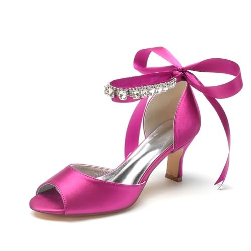 Damen Elegant Niedrig Kitten Heel Strass Brautkleid Schuhe Offene Spitze Sandalen mit Absatz Knöchelriemen Party Abend Pumps,Fuchsia,37 EU von LRMYMHY
