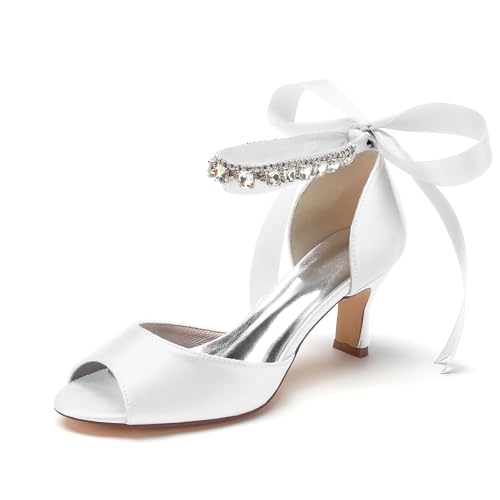 Damen Elegant Niedrig Kitten Heel Strass Brautkleid Schuhe Offene Spitze Sandalen mit Absatz Knöchelriemen Party Abend Pumps,Weiß,38 EU von LRMYMHY