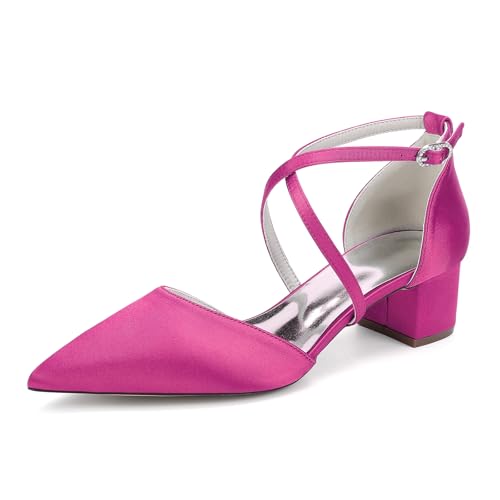 Damen Elfenbein Hochzeit Pumps Mit Blockabsatz 4.5 cm Spitze Zehen Brautschuhe Kreuz Riemchen Ballschuhe,Fuchsia,38 EU Damen Elfenbein Hochzeit Pumps Mit Blockabsatz 4.5 cm Spitze Zehen Brautschuhe Kreuz Riemchen Ballschuhe,Fuchsia,38 EU von LRMYMHY