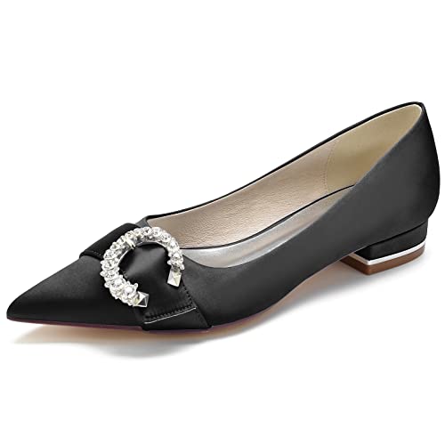 Damen Flats mit spitzer Zehenpartie Satin Hochzeit Brautschuhe Slip on Abschlussball Party Pumps Con Strass,Schwarz,36 EU von LRMYMHY