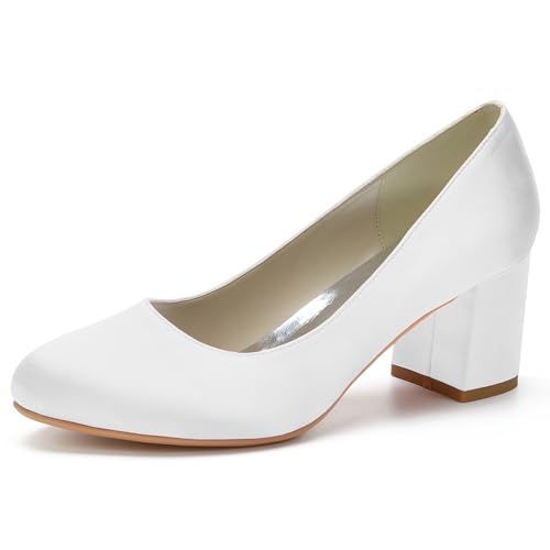 Damen Geschlossene Runde Zehenpartie Blockabsatz Satin Hochzeit Pumpschuhe Chunky Low Heels Brautball Heels Sandalen,Weiß,40 EU von LRMYMHY