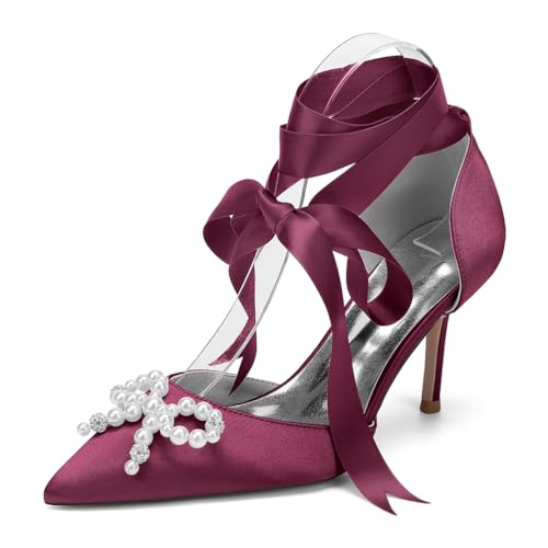 Damen Geschlossene Spitze Brautschuhe Für Braut High Heel Brautkleid Schuhe Band Krawatte Abschlussball Party Arbeit Brautjungfer Pumps,Burgundy,36 EU von LRMYMHY