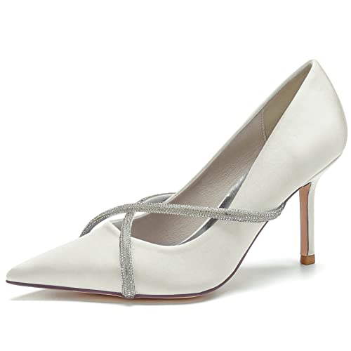 Damen Geschlossene Spitzen Zehen Brautschuhe 8.5cm Stöckelabsatz Satin Pumps Satin Slip-on Hochzeitsschuhe Con Strass,Elfenbein,40 EU von LRMYMHY