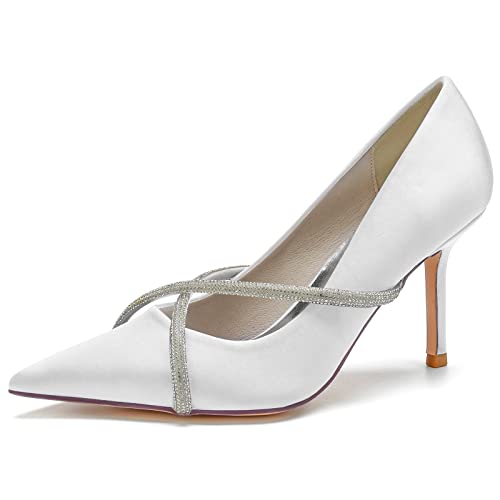 Damen Geschlossene Spitzen Zehen Brautschuhe 8.5cm Stöckelabsatz Satin Pumps Satin Slip-on Hochzeitsschuhe Con Strass,Weiß,43 EU von LRMYMHY