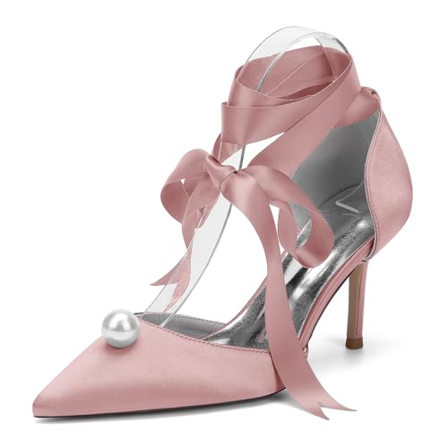 Damen Geschlossene Zehe Brautschuhe High Heel Kleid Pumps Mit Perlen Band Krawatte Business Brautschuhe,Rosa,43 EU Damen Geschlossene Zehe Brautschuhe High Heel Kleid Pumps Mit Perlen Band Krawatte Business Brautschuhe,Rosa,43 EU von LRMYMHY