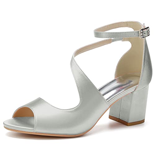 Damen Heels Chunky Block Riemchen Peep Toe Knöchelschnalle Sandalen mit Absatz Hochzeit Party Kleid Schuhe,Silber,42 EU von LRMYMHY