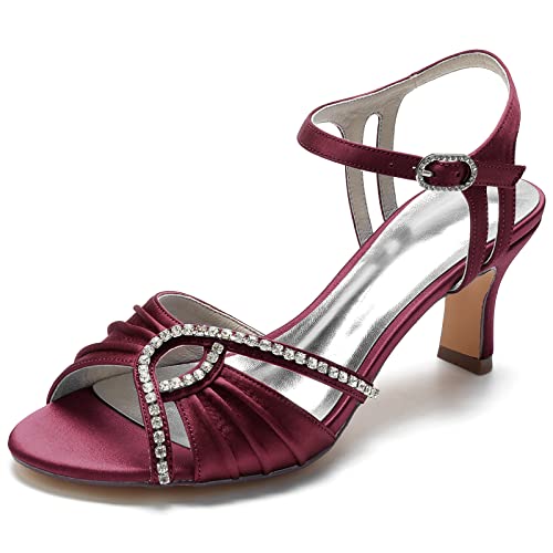 Damen Hochzeitskleid Sandalen mit Kätzchen Absätzen Strass Peep Toe Hochzeitsschuhe Knöchelriemen Satin Brautschuhe,Burgundy,36 EU von LRMYMHY