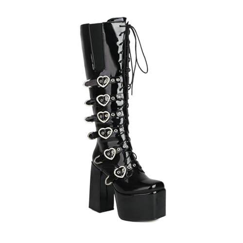Damen Kniehohe Gothic-Plateauschnallenstiefel Chunky High Heel Schnürung Punk Over The Knee Kampfstiefel Mit Seitlichem Reißverschluss,Black patent,47 EU von LRMYMHY