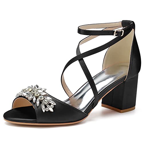 Damen Knöchelriemen Hochzeitsschuhe Pumps Mit Blockabsatz Peep Toe Satin Strass Brautjungfer Brautschuhe,Schwarz,39 EU von LRMYMHY