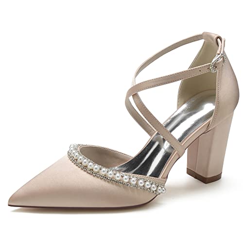 Damen Kreuz Bände Blockabsatz Pumps Geschlossene Zehen Satin Hochzeit Brautschuhe mit Perlens,Champagne,38 EU von LRMYMHY