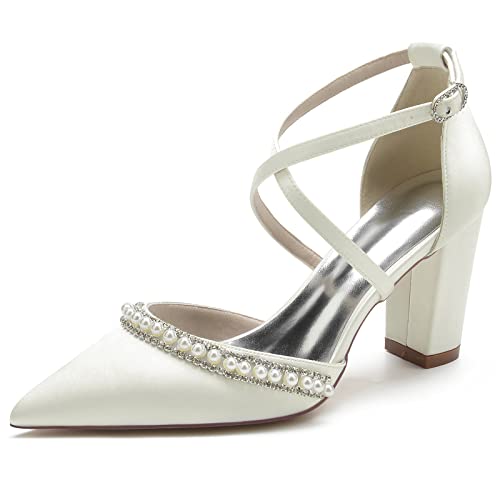 Damen Kreuz Bände Blockabsatz Pumps Geschlossene Zehen Satin Hochzeit Brautschuhe mit Perlens,Elfenbein,39 EU von LRMYMHY