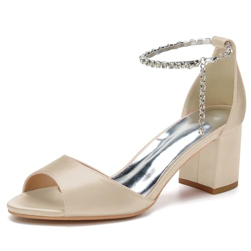 Damen Mid Chunky Sandalen mit Blockabsatz Knöchelriemen Brautkleid Schuhe Peeptoe Bequeme Pumpsandalen,Champagne,38 EU von LRMYMHY