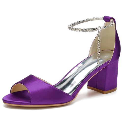 Damen Mid Chunky Sandalen mit Blockabsatz Knöchelriemen Brautkleid Schuhe Peeptoe Bequeme Pumpsandalen,Dark Purple,37 EU von LRMYMHY