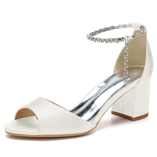 Damen Mid Chunky Sandalen mit Blockabsatz Knöchelriemen Brautkleid Schuhe Peeptoe Bequeme Pumpsandalen,Elfenbein,40 EU von LRMYMHY