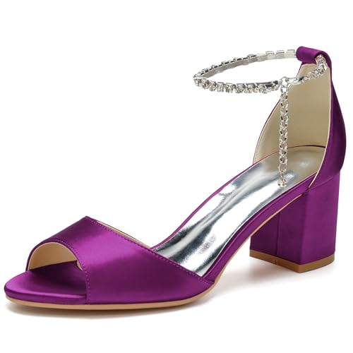 Damen Mid Chunky Sandalen mit Blockabsatz Knöchelriemen Brautkleid Schuhe Peeptoe Bequeme Pumpsandalen,Lila,37 EU von LRMYMHY
