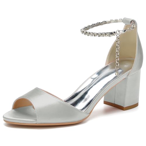 Damen Mid Chunky Sandalen mit Blockabsatz Knöchelriemen Brautkleid Schuhe Peeptoe Bequeme Pumpsandalen,Silber,36 EU von LRMYMHY