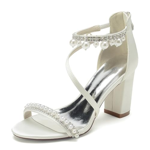 Damen Offene Spitze Brautschuhe Chunky Block Heel Pearl Brautschuhe Pumps Knöchelriemen Sandalen Mit Absatz,Elfenbein,40 EU Damen Offene Spitze Brautschuhe Chunky Block Heel Pearl Brautschuhe Pumps Knöchelriemen Sandalen Mit Absatz,Elfenbein,40 EU von LRMYMHY