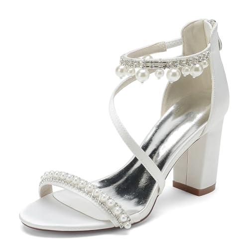 Damen Offene Spitze Brautschuhe Chunky Block Heel Pearl Brautschuhe Pumps Knöchelriemen Sandalen Mit Absatz,Weiß,36 EU Damen Offene Spitze Brautschuhe Chunky Block Heel Pearl Brautschuhe Pumps Knöchelriemen Sandalen Mit Absatz,Weiß,36 EU von LRMYMHY