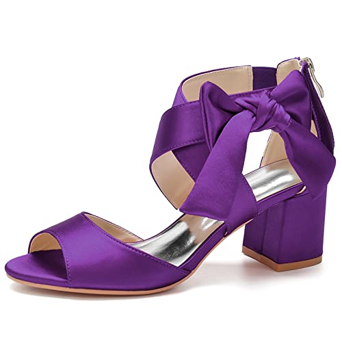 Damen Offene Spitze Brautschuhe Knöchelriemen Block Chunky Heel Brautsandalen Zurück Reißverschluss Party Kleid Pumps,Dark Purple,38 EU von LRMYMHY