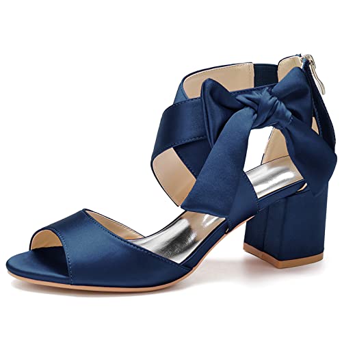 Damen Offene Spitze Brautschuhe Knöchelriemen Block Chunky Heel Brautsandalen Zurück Reißverschluss Party Kleid Pumps,Marine,38 EU von LRMYMHY