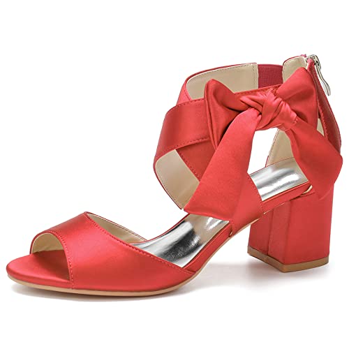 Damen Offene Spitze Brautschuhe Knöchelriemen Block Chunky Heel Brautsandalen Zurück Reißverschluss Party Kleid Pumps,Rot,39 EU von LRMYMHY