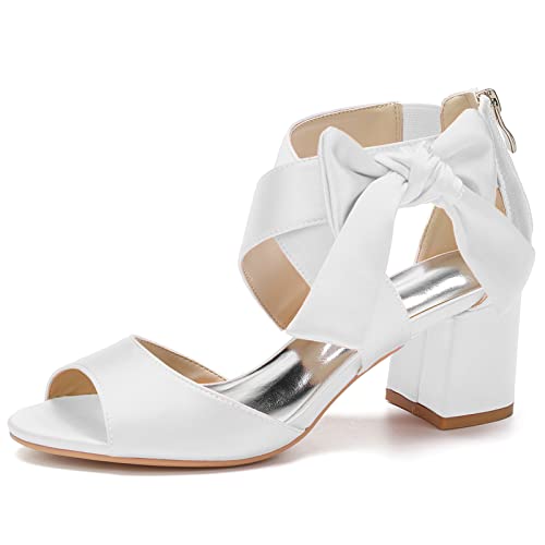 Damen Offene Spitze Brautschuhe Knöchelriemen Block Chunky Heel Brautsandalen Zurück Reißverschluss Party Kleid Pumps,Weiß,42 EU von LRMYMHY