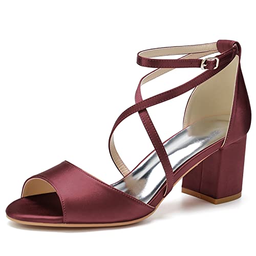Damen Offene Zehe Block Heel Brautschuhe für Braut Chunky Heeled Sandalen Knöchelriemen Brautschuhe Pumps,Burgundy,41 EU von LRMYMHY