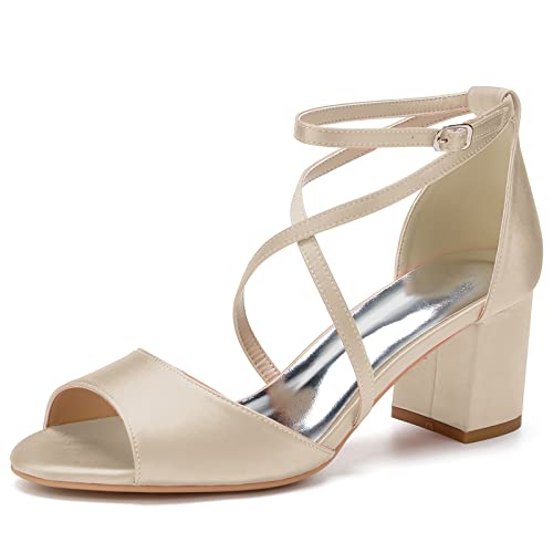 Damen Offene Zehe Block Heel Brautschuhe für Braut Chunky Heeled Sandalen Knöchelriemen Brautschuhe Pumps,Champagne,35 EU von LRMYMHY