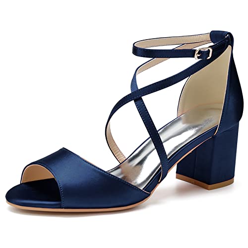 Damen Offene Zehe Block Heel Brautschuhe für Braut Chunky Heeled Sandalen Knöchelriemen Brautschuhe Pumps,Marine,41 EU von LRMYMHY