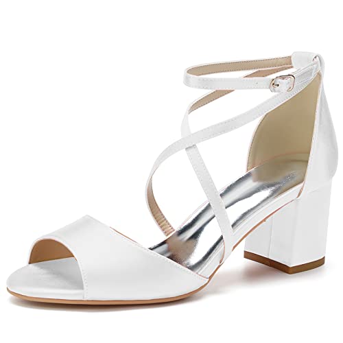 Damen Offene Zehe Block Heel Brautschuhe für Braut Chunky Heeled Sandalen Knöchelriemen Brautschuhe Pumps,Weiß,38 EU von LRMYMHY