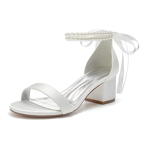 Damen Offene Zehen Brautkleid Pumps Block Chunky Heels Brautschuhe Perlen Knöchelriemen Abendparty Abschlussball Sommer Sandalen,Elfenbein,39 EU von LRMYMHY