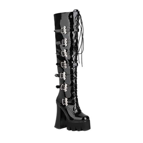 Damen Overknee Stiefel Gothic Punk Runde Toe Plateau Mit Blockabsatz High Heels PU Leder Langschaft Stiefel Winter Biker Schnürstiefel,Schwarz,40 EU von LRMYMHY