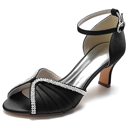 Damen Peep Toe Hochzeitsschuhe Satin Kätzchenabsatz Brautschuhe Knöchelriemen Abend Partei Sandalen mit Strass,Schwarz,37 EU von LRMYMHY